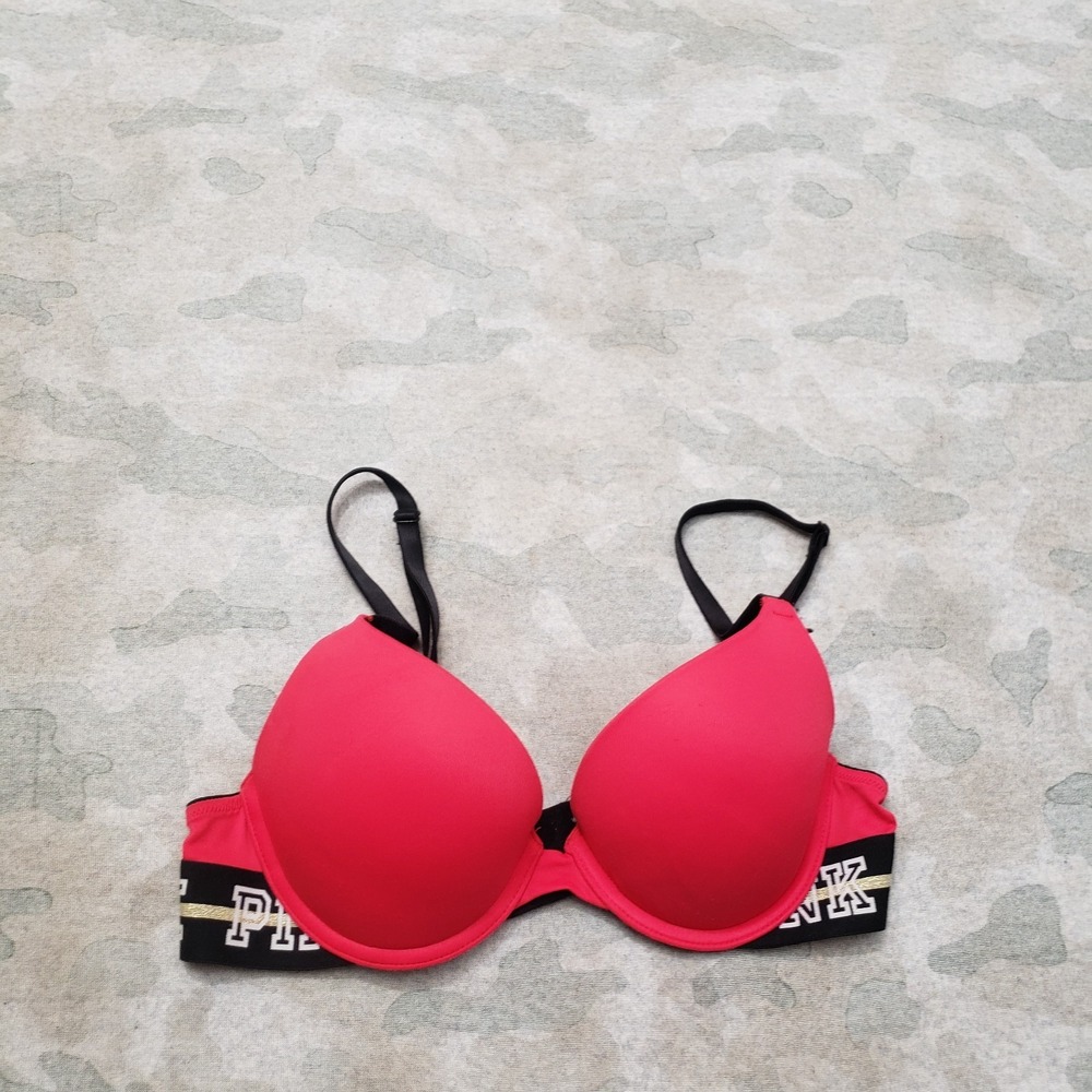 PINK Victoria's Secret Bra Womens 32B Red Wear‎ Everywhere Push Up Underwired